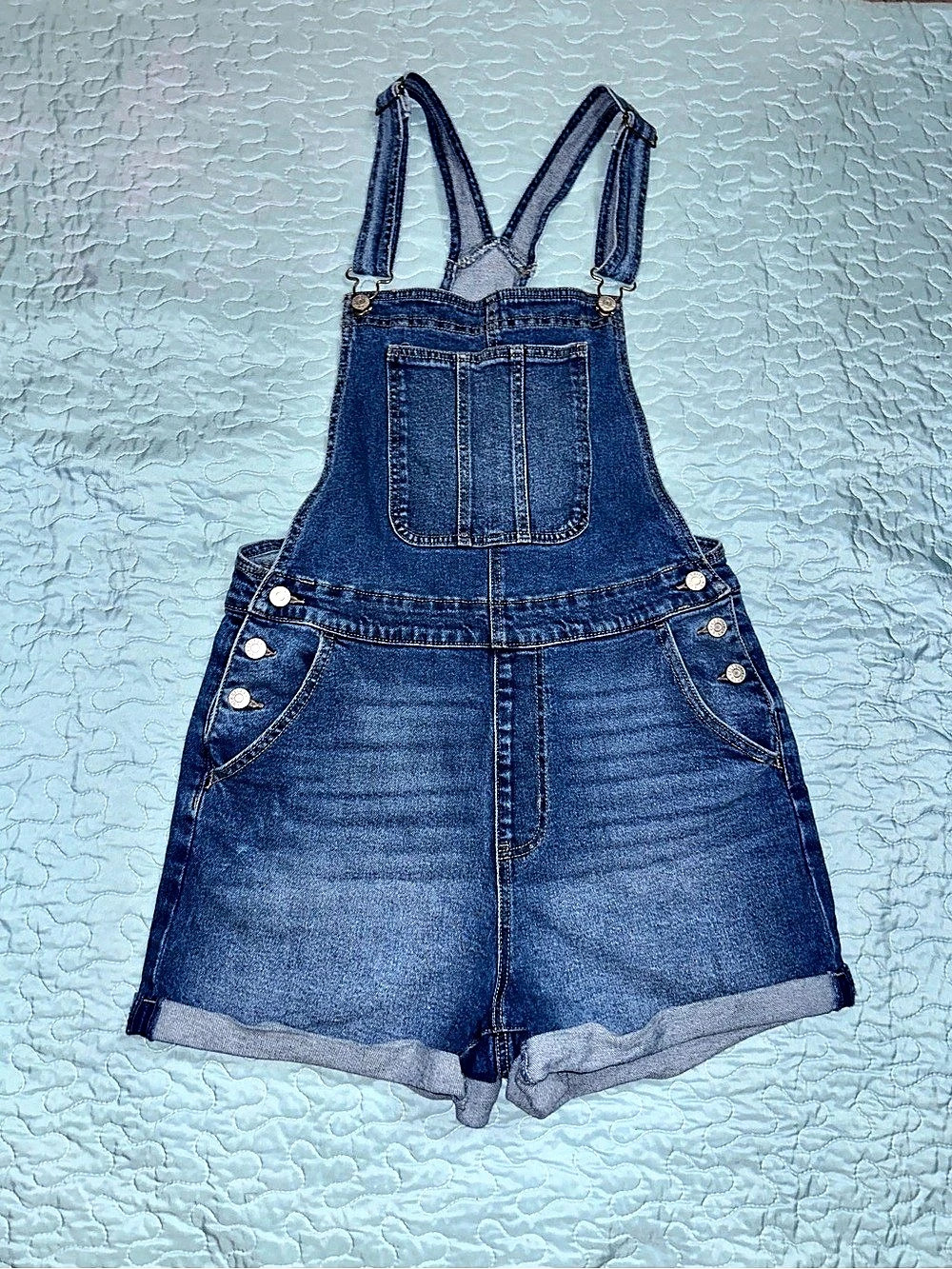 Celebrity Pink Denim Short Overalls in Blue Size Large